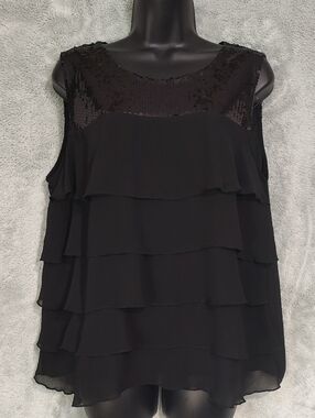 AB Studio Black Tiered Sequin Yoke Sleeveless Blouse